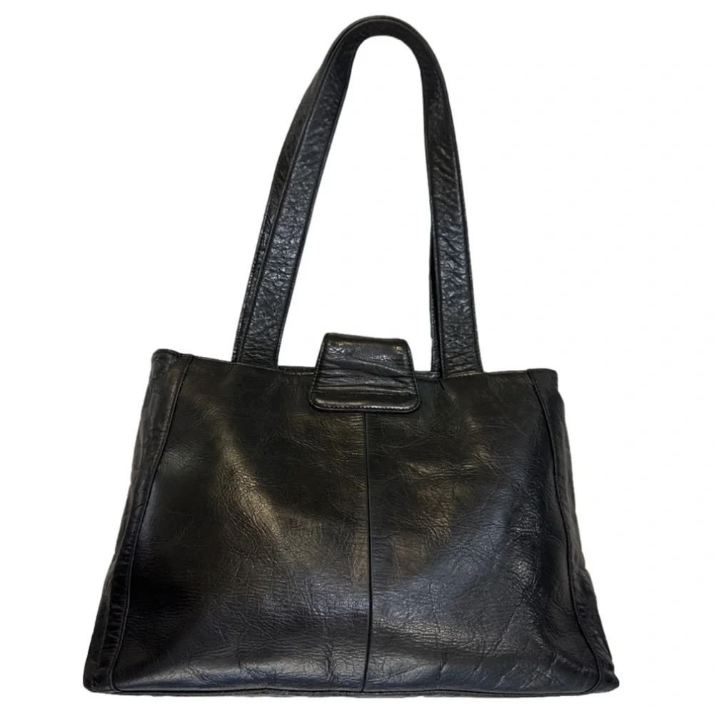 M London Black Leather 2 strap shoulder bag satchel tote Purse